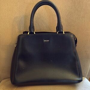 DKNY Black Satchel with Polished Finish and Structured Design